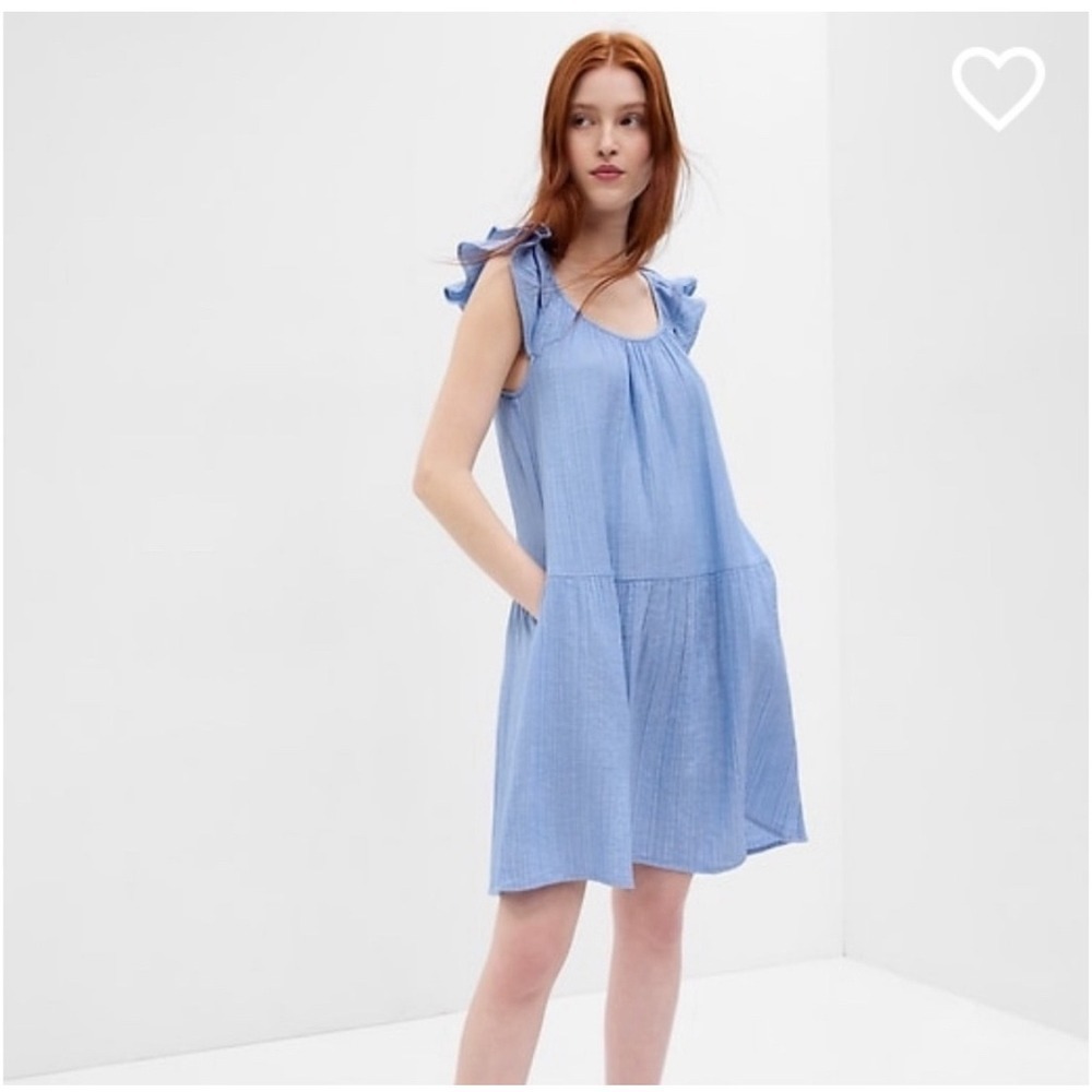 GAP Ruffle Shoulder Blue & Silver Cotton A-lineβ Mini Dress with Pockets, Large